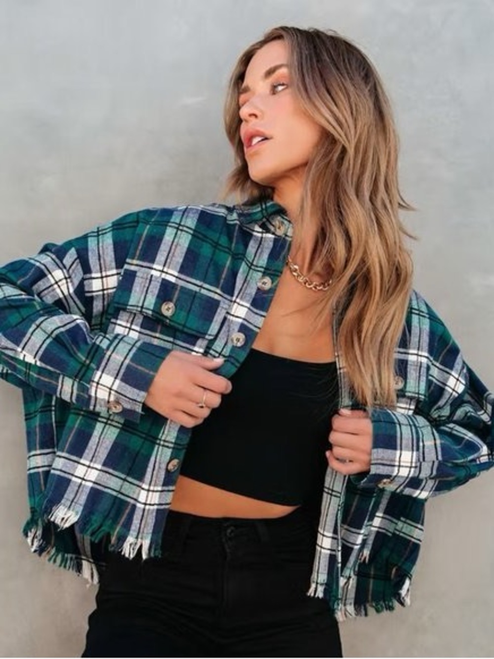 MABLE Oversized Plaid Flannel Frayed Hi-Lo Hem Cropped Boxy Fit Size Small